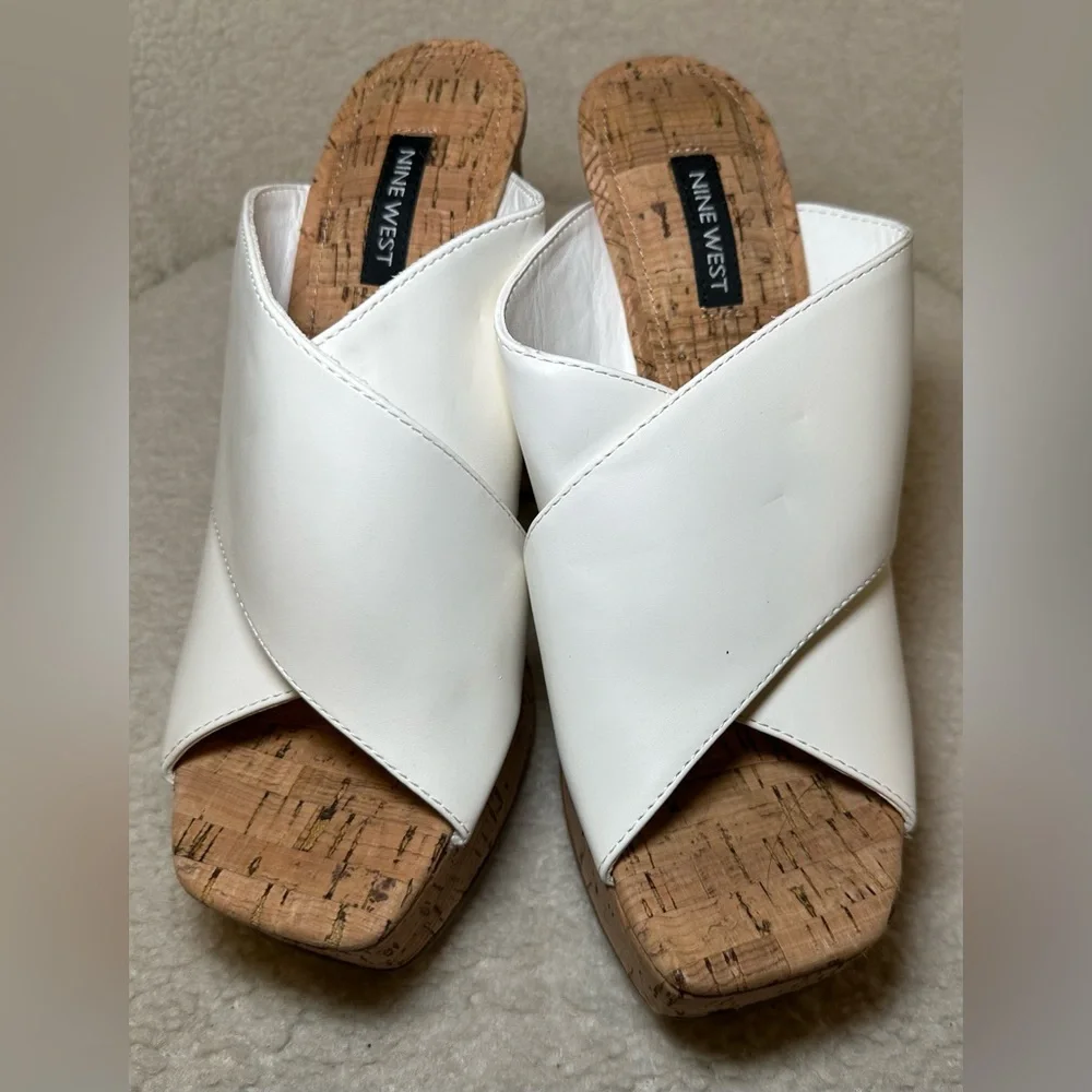 NWOT NINE WEST white‎ straps cork high heels platforms curved chunky summer 7.5